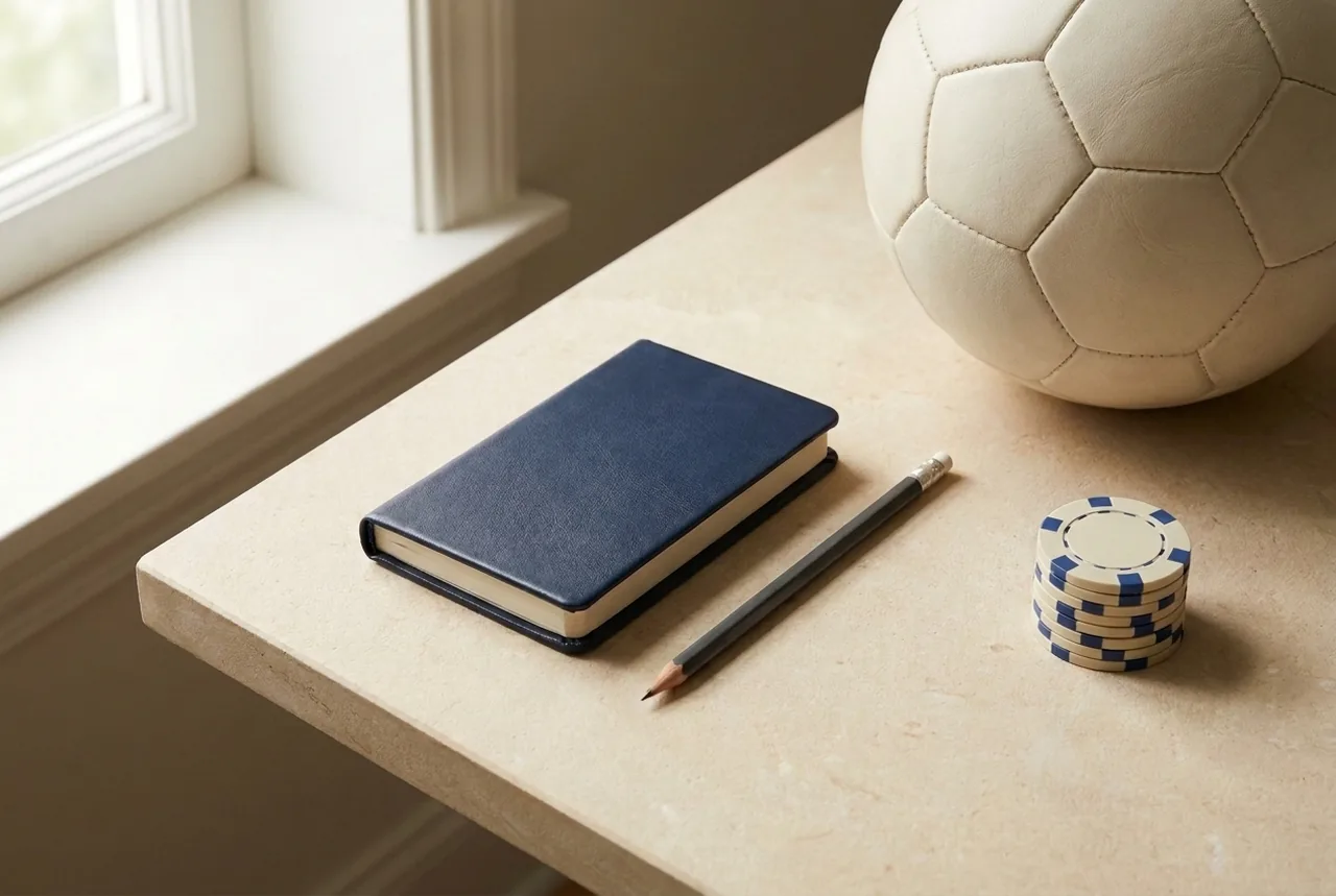 Un carnet, un crayon, un ballon de football et quelques jetons sur une table.